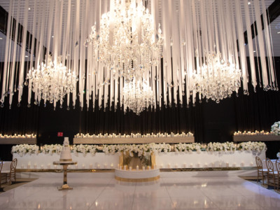 Wedding reception styling, white ceiling installation, at ivy Ballroom by Merivale