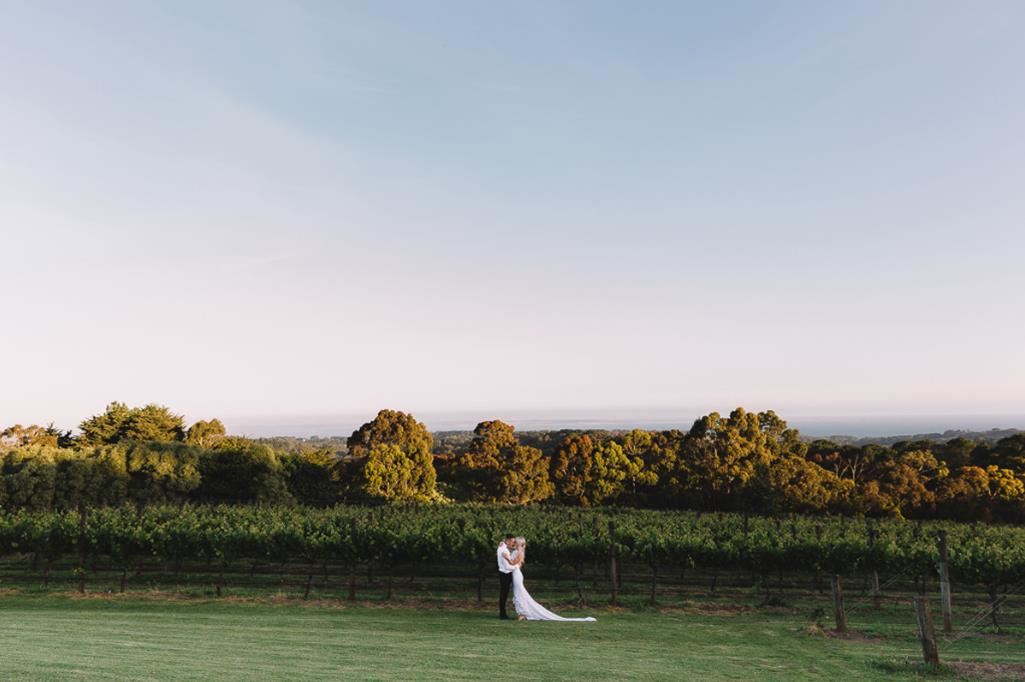 Couple kissing on wedding day overlooking winery view of Yarra Valley vineyards