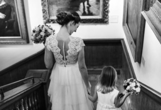The Foundling Museum Wedding Photography Stairs With Bride & Flower Girl